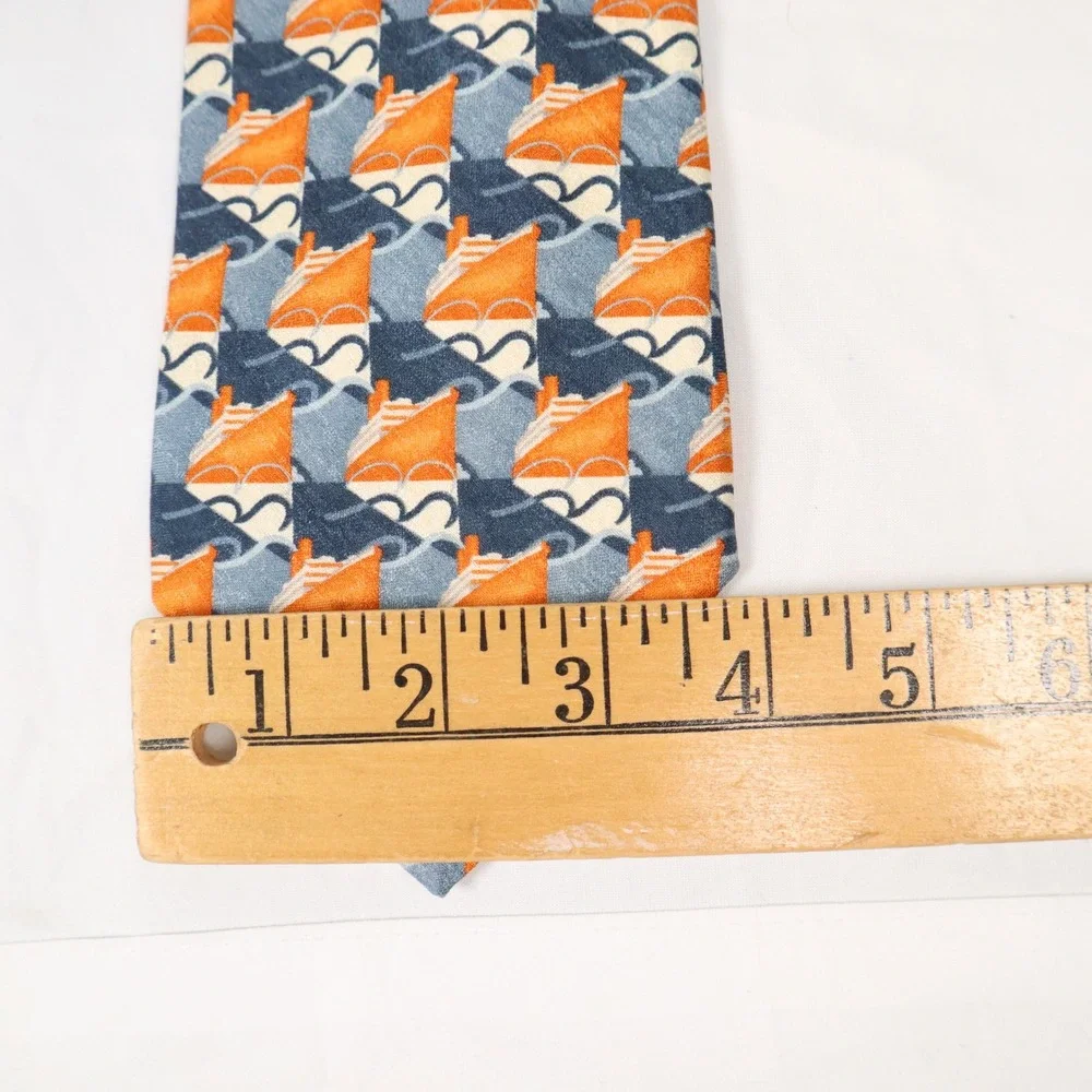 Gentleman Givenchy Paris 100% Silk Tie Orange Blue Sailboat Nautical Wave Print‎